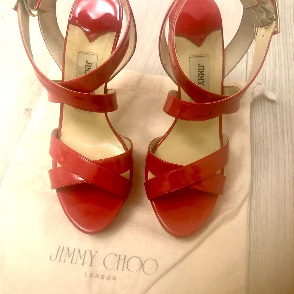 Jimmy Choo Criss Cross red sandal heels Size 37 1/2 Excellent Condition